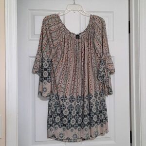 Lildy L/XL Boho Open Bell Sleeves Multi Color Scoop Neckline Tunic